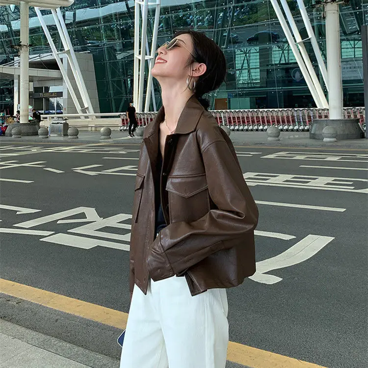 Women's Leather Jacket 2022 Spring  Autumn Motorcycle Jacket  Thick Students  Hotsweet  Single Breasted  Leather & Suede