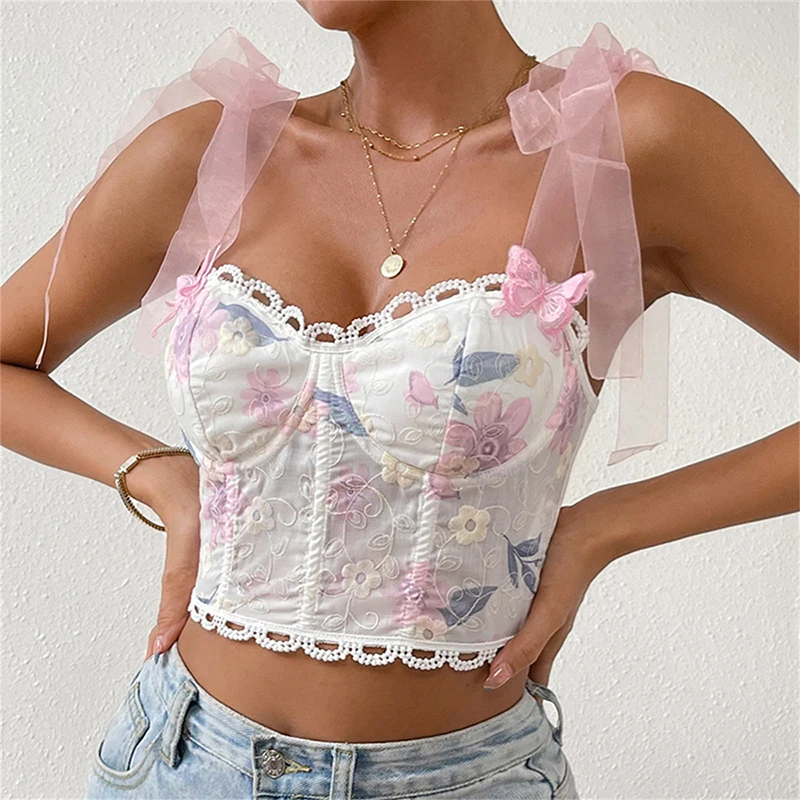 Abrini Мини-топ С Цветочным Принтом Женский Сексуальный Корсет В Стиле Рыбьей Кости