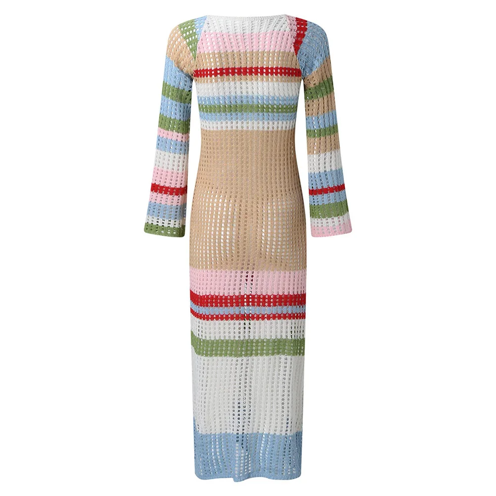 

Womens Sexy Knitted Colorblock Backless Club Party Y2K Long Sleeve Maxi Dresses