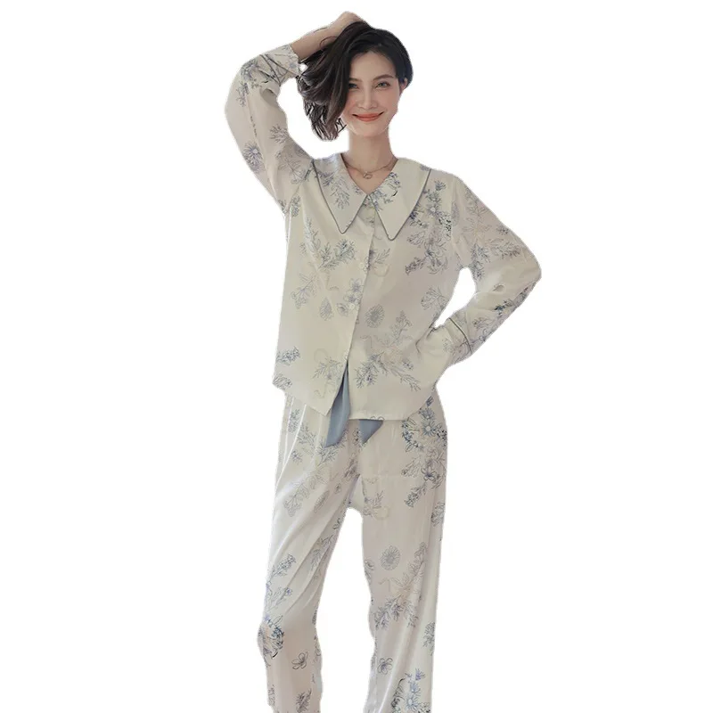 Pajamas for Women's Spring and Summer Thin Cool Feeling Home Service Suit with Turn-over Collar Breathable and Casual Sleepwear