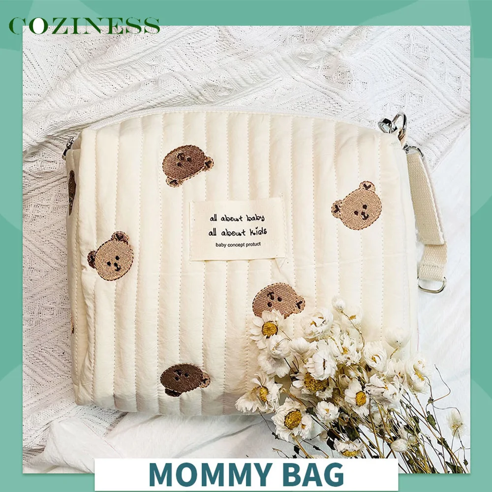 

Mommy Single Shoulder Bag Zipper Embroidery Cute Bear Print Creamy Color Mom Bag Outing Baby Stroller Diaper Bags Simple Style