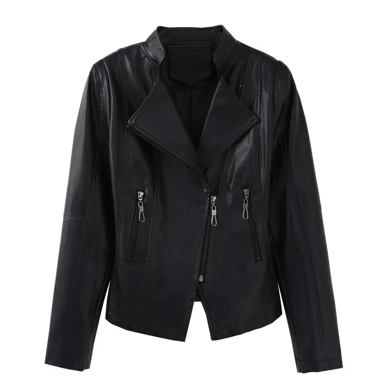 

2022 Women Bike Coat PU Leather Casual Outwear Zipper Outfit Fashion Short Jacket with Long Sleeve Black Female Tops