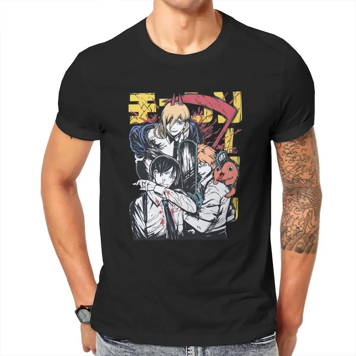 Cool Chainsaw Man Anime  T-Shirts Men O Neck 100% Cotton T Shirt Denji Power Aki Short Sleeve Tees Original Tops