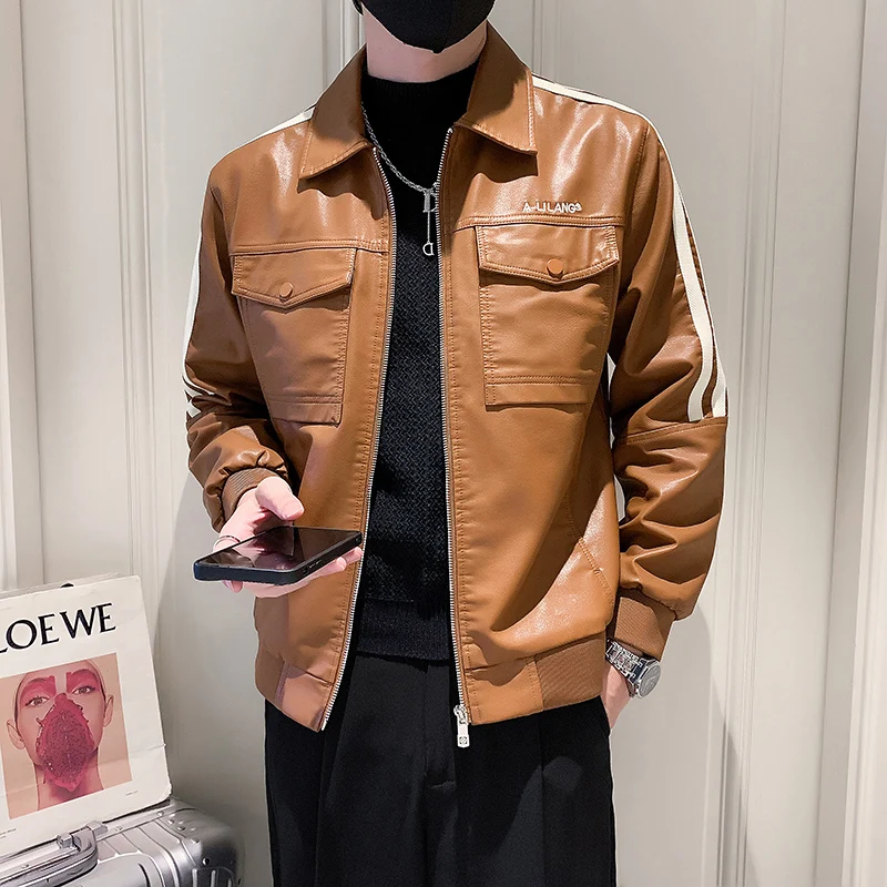 

2023 Leather Jacket Men's AutumnWinter Coat Fashionable Brand PU Zipper Coat Slim Three-Dimensional Stick Bag Men's Leather Coat