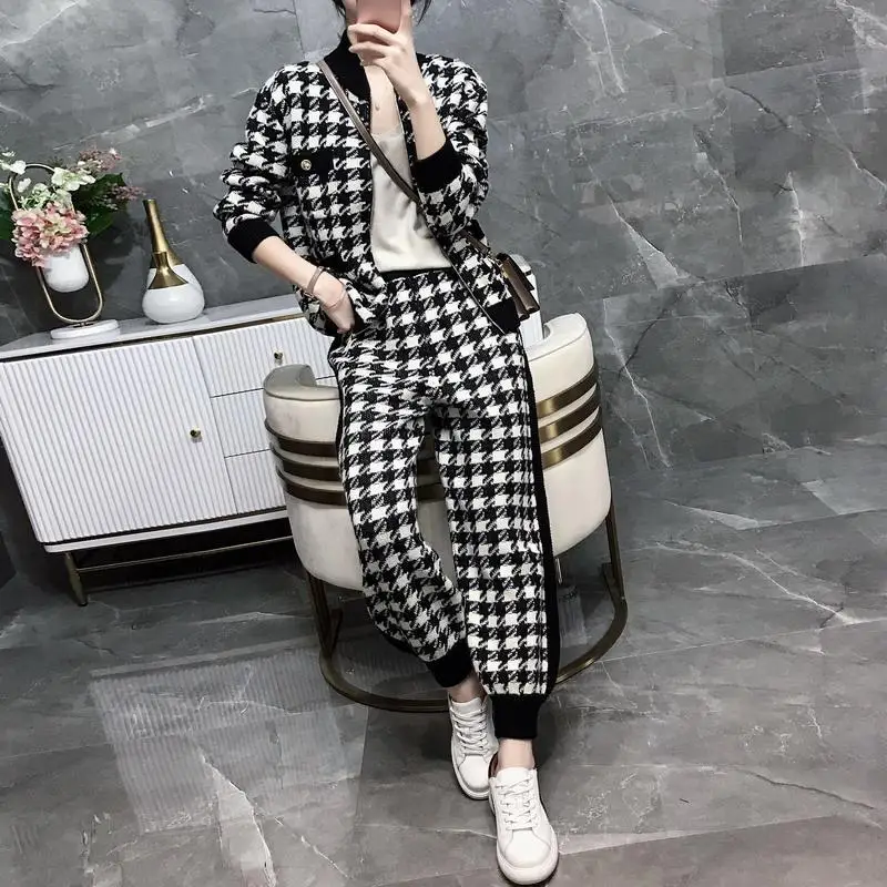 

spring Women Knit Sweatshirts Suit Knitted Tracksuit Houndstooth 2 Piece Set Zipper Plaid Cardigan Coats Pants Two Piece Set