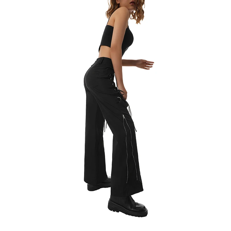 

Женские брюки-карго с широкими штанинами, однотонные широкие брюки-клеш в панцирном стиле с низкой посадкой и завязкой на цепочке