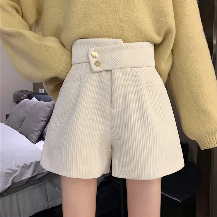 

2022 Shorts Women Solid High Waist All Match Vintage Korean Fashion Shorts Feminino Autumn Winter Loose Roupas Femininas