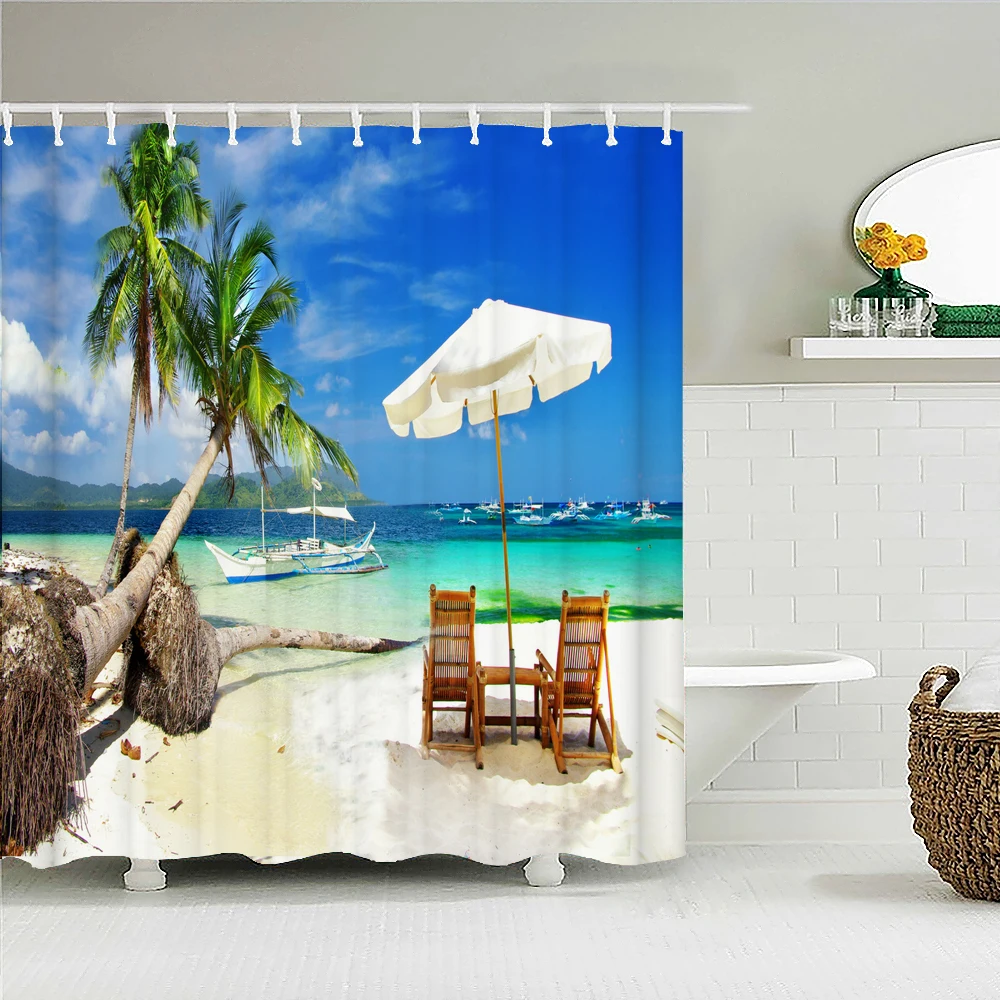 

Seaside Scenery Beach Palm Tree Shower Curtains 3d Printing Bath Curtains Bathroom waterproof Fabric With Hooks Home Decorate