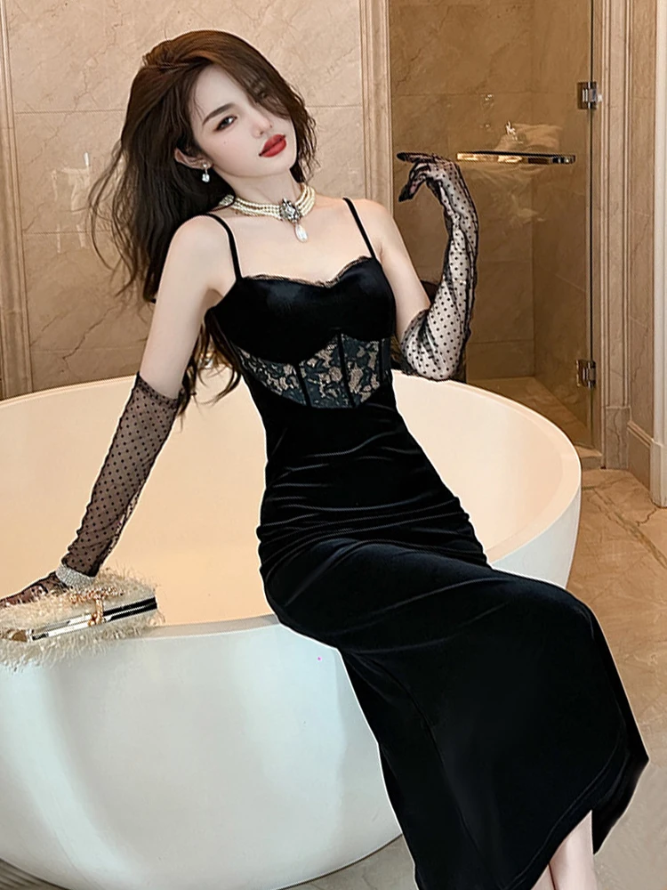 Женское длинное платье в стиле ретро сексуальное бархатное на бретельках с