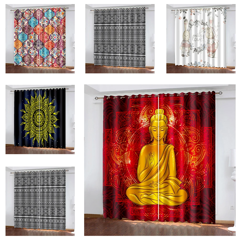 window curtain Living Room Shading Decorative Curtain Buddha Image Pattern Home Textile Decoration Bedroom Perforated Curtains