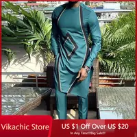 Dashiki African Clothing For Men Casual Green Geometric Print Suit Long Sleeve Shirt Trouser African Suit For Men Set 2 Pieces 1