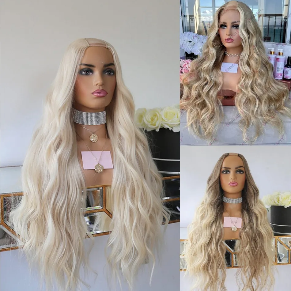 Peruvian Human Hair Machine Made Wigs Natural Ombre Platinum Blonde Human Hair Wigs  1*4 Middle Open U Part Wigs Clips In Wig