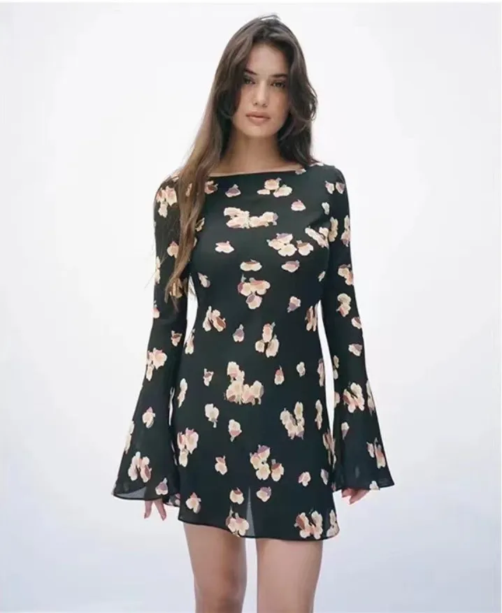 Women Butterfly Print Diagonal Cut 100% Silk Long Sleeve Mini Dress