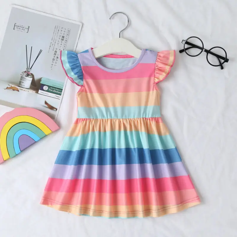 

Kids Baby Girls Cute Rainbow Stripes Princess Dress Round Neck Ruffles Sleeve A-line Dress Summer Casual Fashion Sundress
