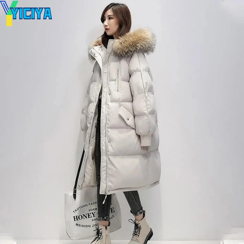 YICIYA Women's Winter Long Puffer Jacket Padded Korean  Large Faux Fur Collar Hooded  Thicken Parka Warm  Loose Women  Down Coat