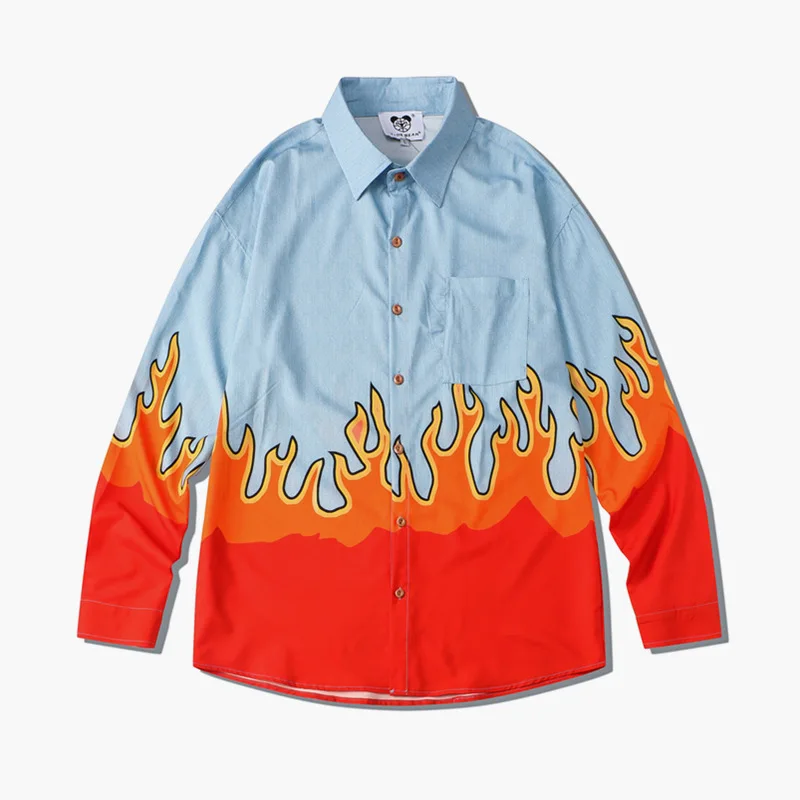 

Autumn New Men's Korean Style Long Sleeve Loose Oversized Shirt For Men Fashion Casual Flame Printed Shirts Couple Chemise Homme