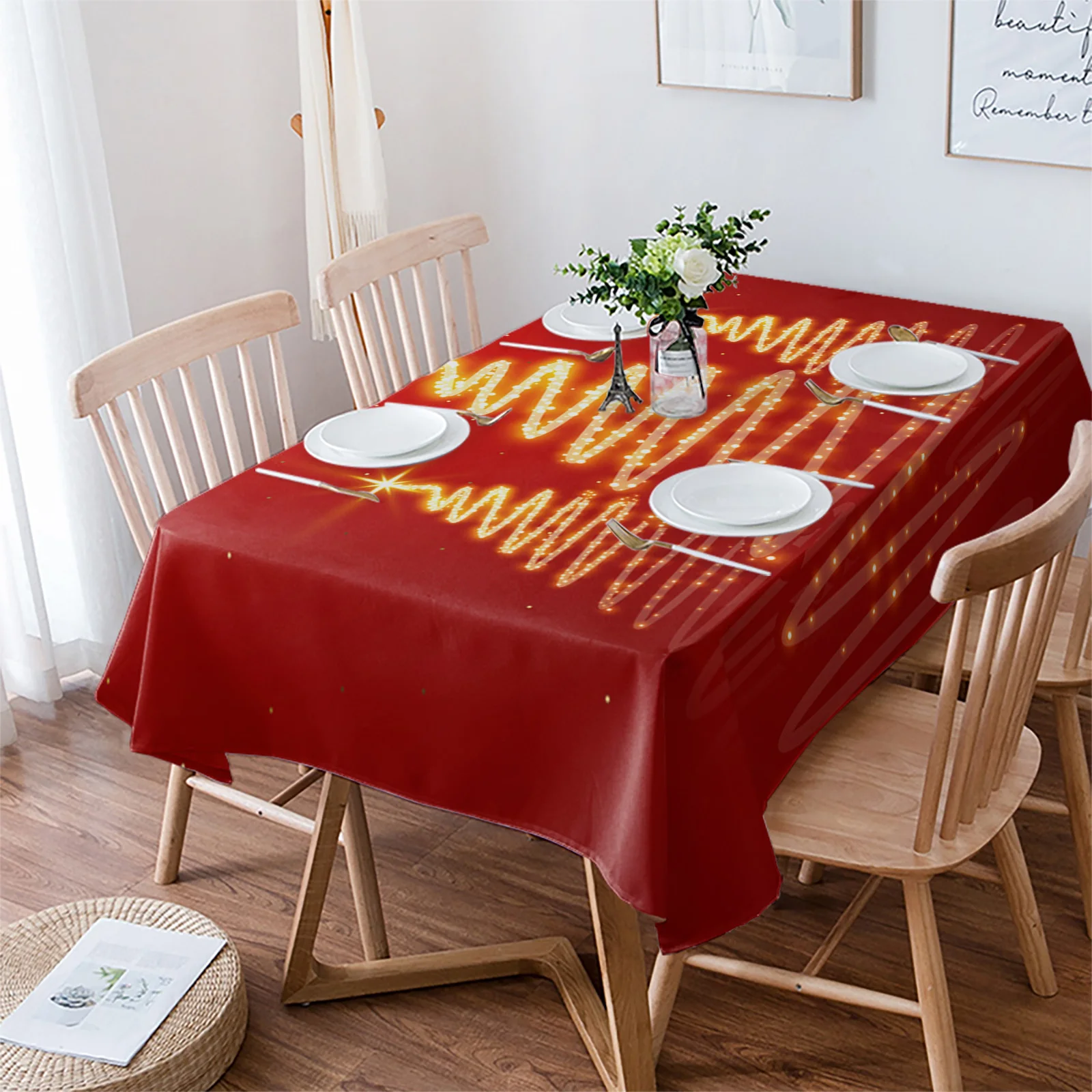 

Christmas Tree Red Gold Table Cloth Waterproof Dining Tablecloth Kitchen Decorative Party Table Cover