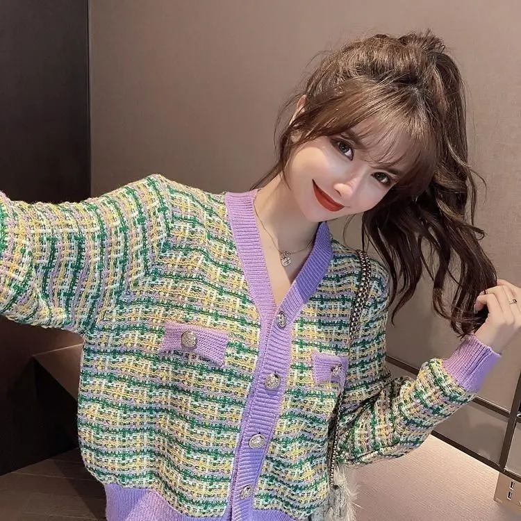 

Cardigan Top Women Long Sleeve Single Button Decorated Slim Rainbow Striped Patchwork Women's Sweater Spring Autumn Fashion 2022