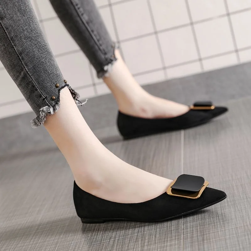 Suede Single Shoes Women Pointed Flat Shoes Black Work Shoes Comfortable Soft Sole Casual Party Shoes 2023 New Zapatos De Mujer