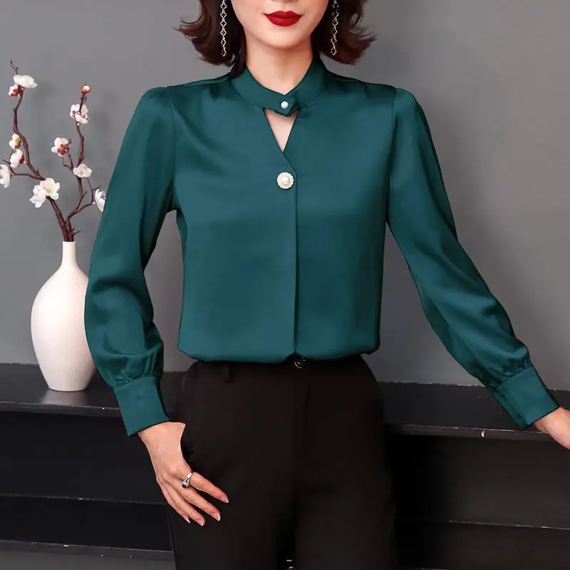 

Spring New Chiffon Loose Blouse V Neck Long Sleeve Solid Color All-match Shirt Tops Vintage Fashion Women Clothing