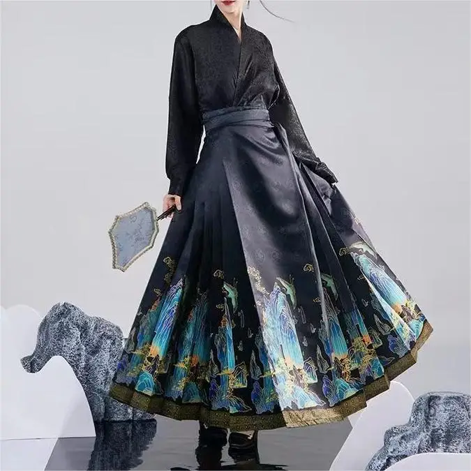 Элегантная синяя юбка с принтом династии Мин Высококачественная китайская