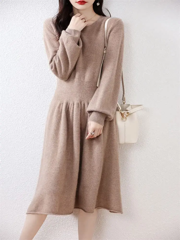 Платье с круглым вырезом 00 из чистой шерсти женское платье-свитер средней длины