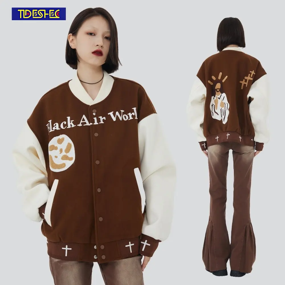 

Hip Hop Streetwear Vintage Men Splicing Fun Character Embroidery Bomber Jacket Punk Gothic Varsity Jacket Men Baseball Coat Mens