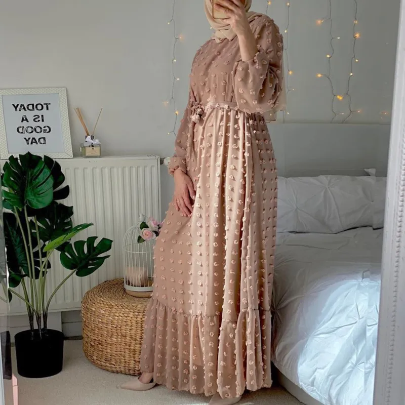 Vestidos De Verano Para Mujer Middle East Muslim Robe Arabesque Elegant Women's Dress Lace Up Slim Casual Chiffon Dress 2XL