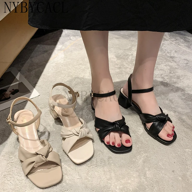 

Low Sandals Woman Leather Low-heeled PU Rome Rubber Hoof Heels Fabric Slides Low Sandals Woman Leather Low-heeled Rubber Rome Fa