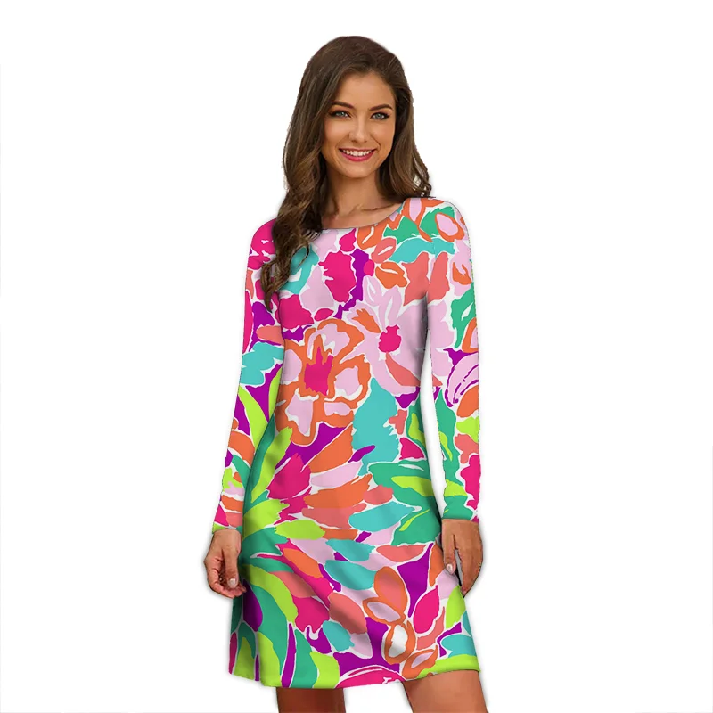 

Autumn Women's Flowers Nature Scene Design Ladies Clothing Pattern Print Autumn Long Sleeve Dress Fashion Home Wear Loose Dress