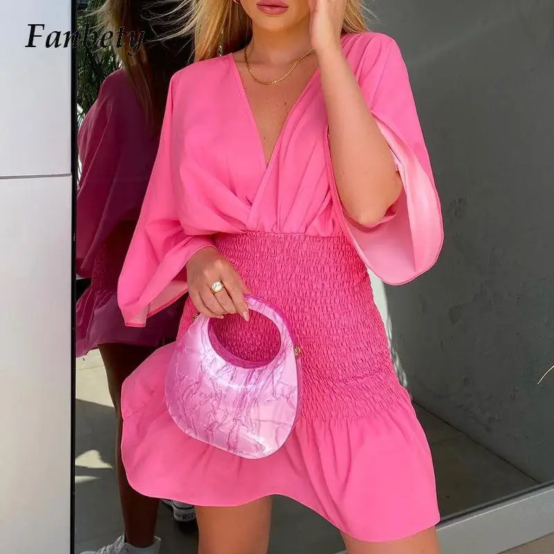 

Женское Плиссированное эластичное милое платье, модное однотонное мини-платье с V-образным вырезом и поясом, женское Повседневное платье с ...