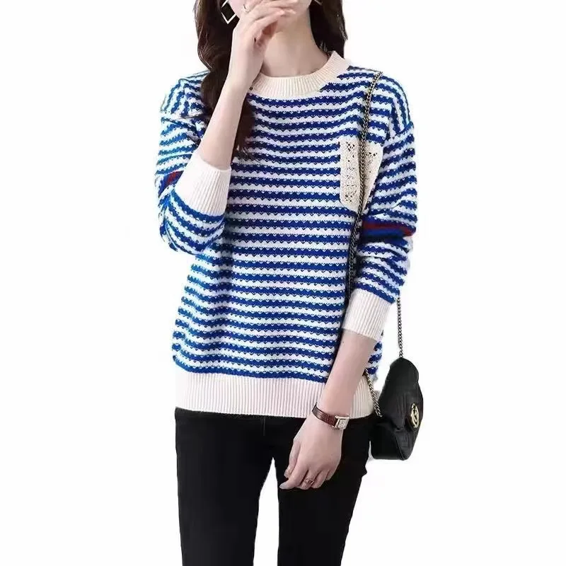 

Striped pullovers sweater women 2022 autumn new Korean long sleeve loose loose and thin outer wear short pullover sweater tops