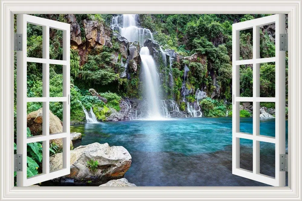 

3D Effect Window View WALL STICKERS Mountain Waterfall Frame Vinyl Decal Decor Mural Kitchen Bathroom motorbike wall art