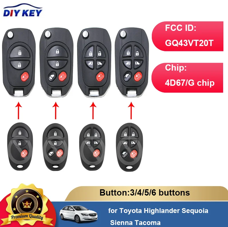 DIYKEY for Toyota Highlander Tacoma Sequoia Tundra Sienna 3/4/5/6 Buttons Upgraded Flip Remote Key G/4D67Chip GQ43VT20T