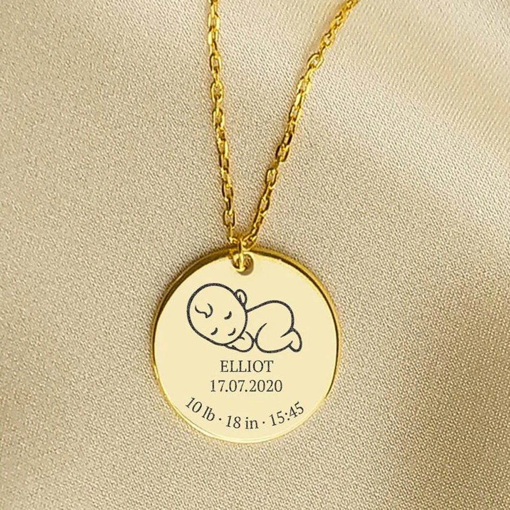 Personality Engraving Baby Birth Data Round Pendant Stainless Steel Jewelry Baby Birth Necklace Mother Newborn Gift