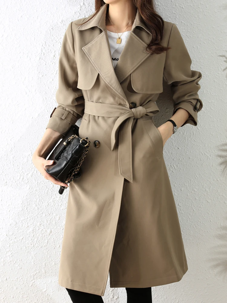 

Ailegogo Spring Autumn Women Double Breasted Loose Long Trench Coat with Belt Streetwear Female Khaki Tops Ladies Outwear