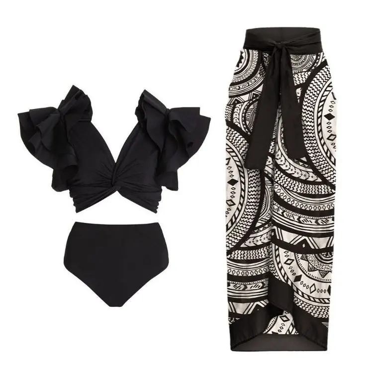 

XUAN PhD Blue Printed One Piece Swimsuit Elastic Elastic Beach Skirt Trendy Elegant Three-piece Suit Slim Strap Bikini Chiffon