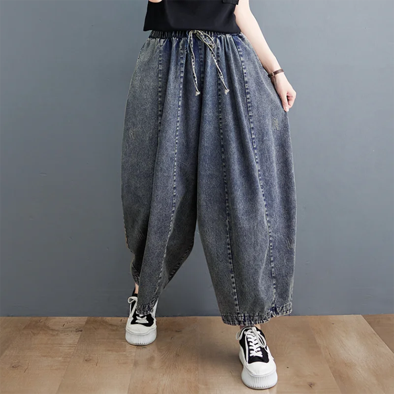Женские литературные винтажные хлопковые джинсы свободные шаровары эластичный