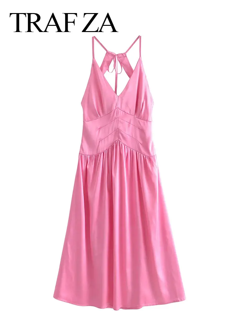 

TRAF ZA Summer Women Dress Sling V Neck Slim Sexy Sleeveless Backless Lace Up Fashion Solid Swing Skirt Party Club Daily Wear