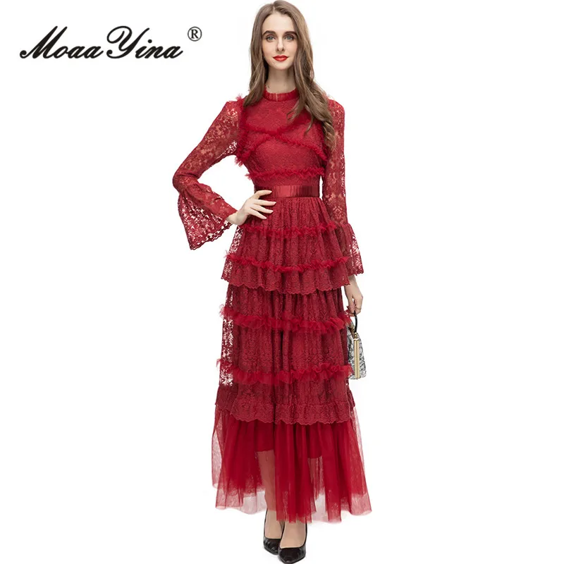 MoaaYina летнее модное дизайнерское красное винтажное вечерние платье для женщин с