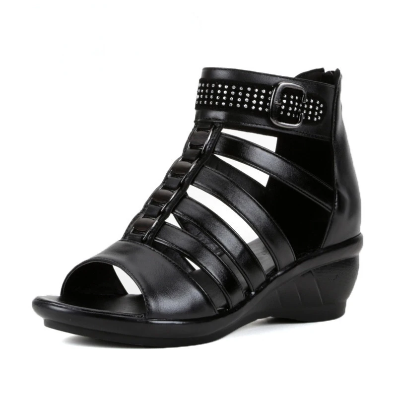 Women Sandals Wedge Breathable Roman Shallow Mouth Hollow Out Low Help Black Summer Mid Heel The New Fashion Hot Sale