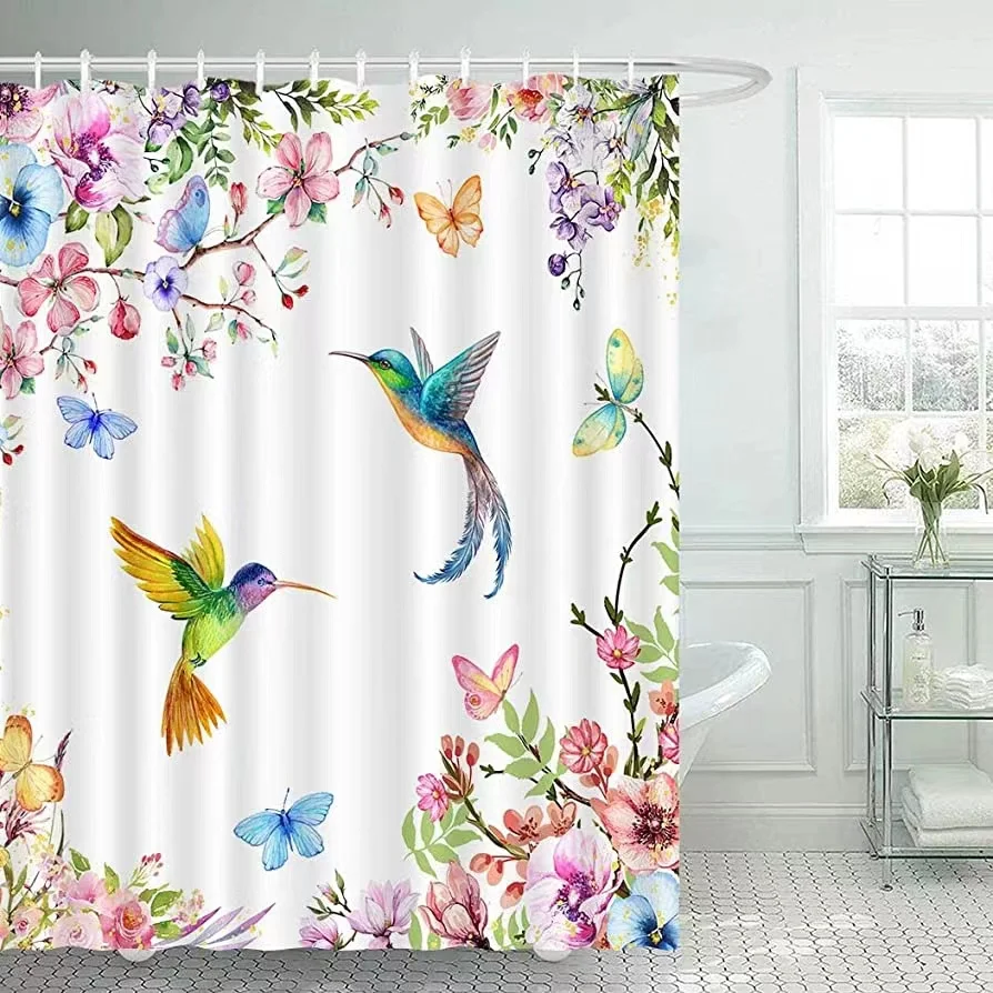 

Spring Hummingbird Shower Curtain for Bathroom Floral Bird Shower Curtain Flower Butterfly Bathtub Decor Set Washable Polyester