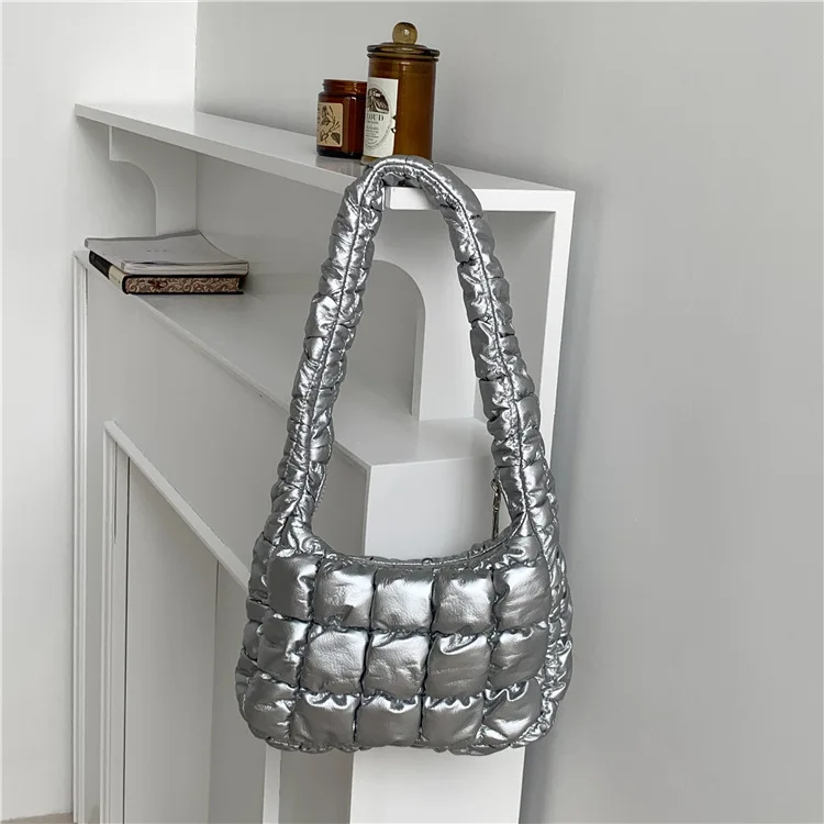 

Новинка 2023, Хлопковая сумка в Корейском стиле, модная нишевая сумка на плечо, женская сумка, плиссированная Серебристая клетчатая сумка