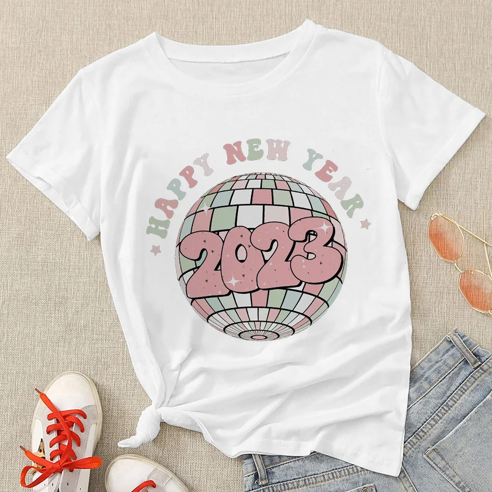 

2023 Happy New Year Women T-shirts Fashion Design New In Short Sleeve Letter Printed T Shirts Casual Versatile Mature Slim Fit