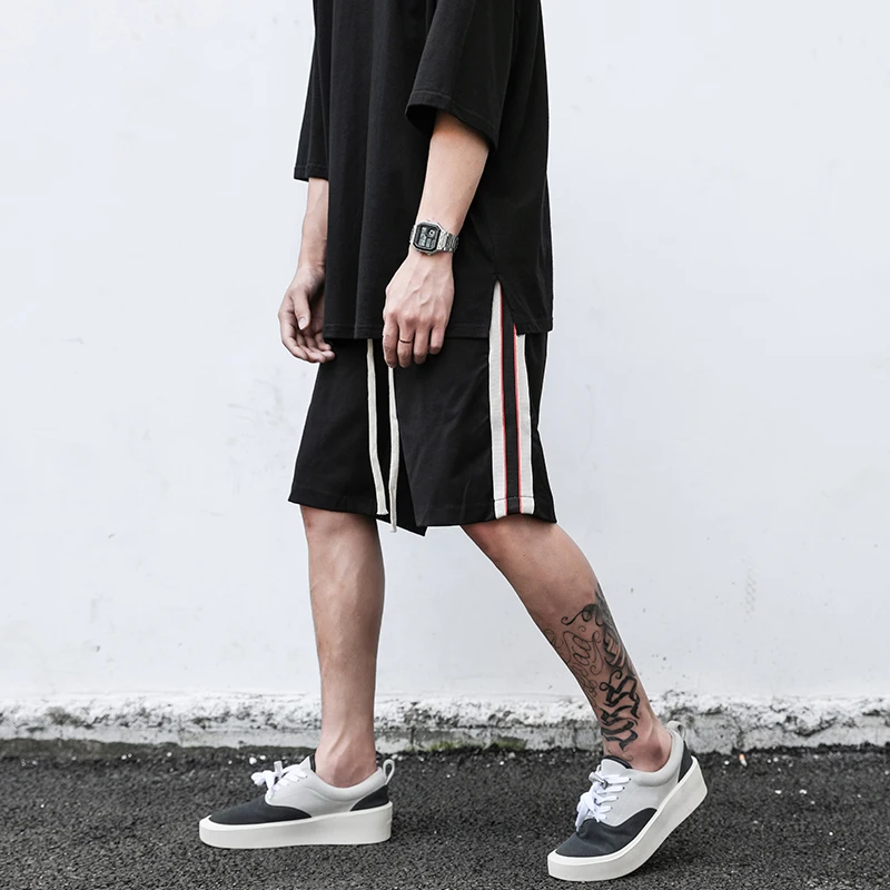 

High Street Side Strip Breathable Sport Shorts Mens Elastic Waist Color Block Oversize Casual Knee Length Pants