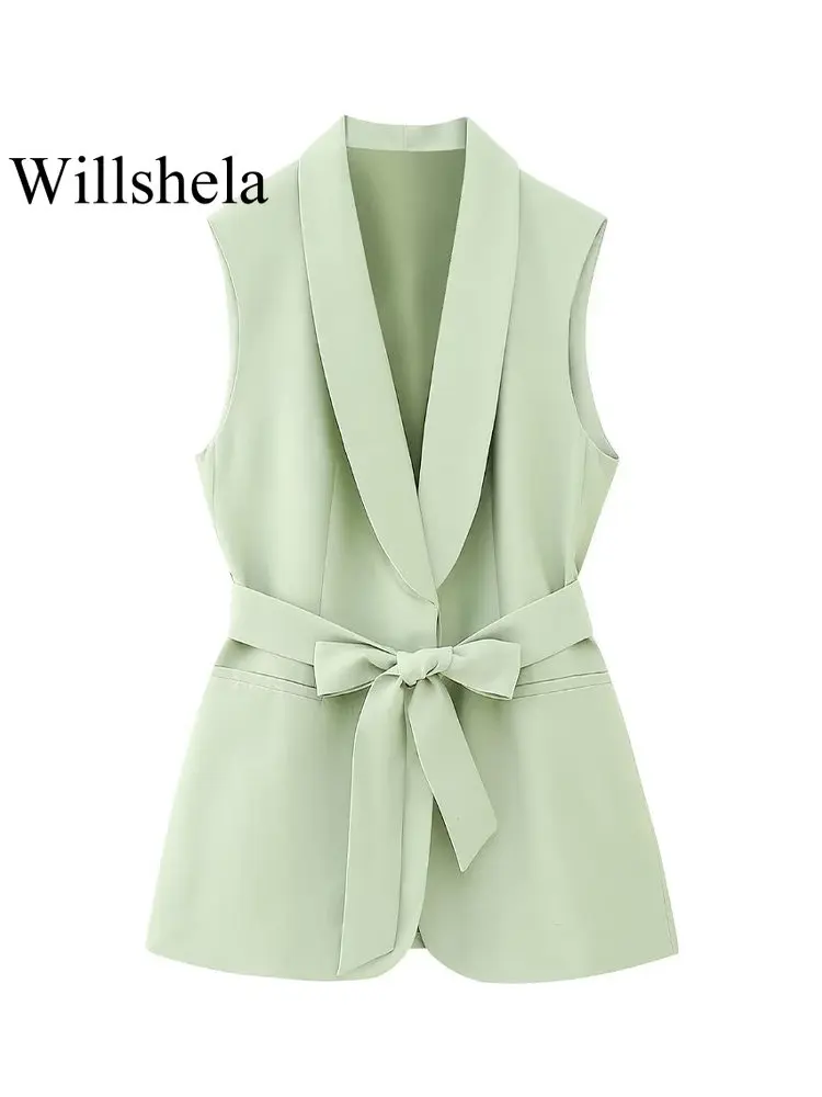 

Willshela Женская мода с поясом светильник зеленая однокнопочная куртка без рукавов винтажный жилет с v-образным вырезом Женский офисный жилет