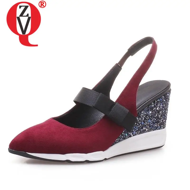

ZVQ Women Shoes New Flock Pointed Toe Elastic Band Super High Wedges Platform Shallow Bowties Casual Red And Black Pumps