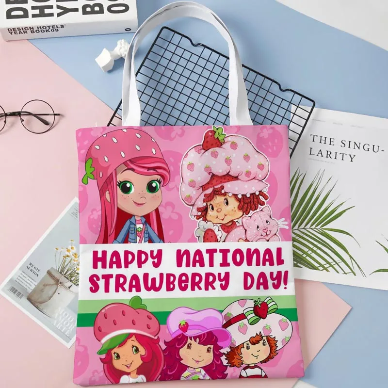 

Холщовая Сумка для девушек в стиле Харадзюку, повседневная вместительная розовая школьная сумка на плечо с клубничным принтом, Винтажная с...