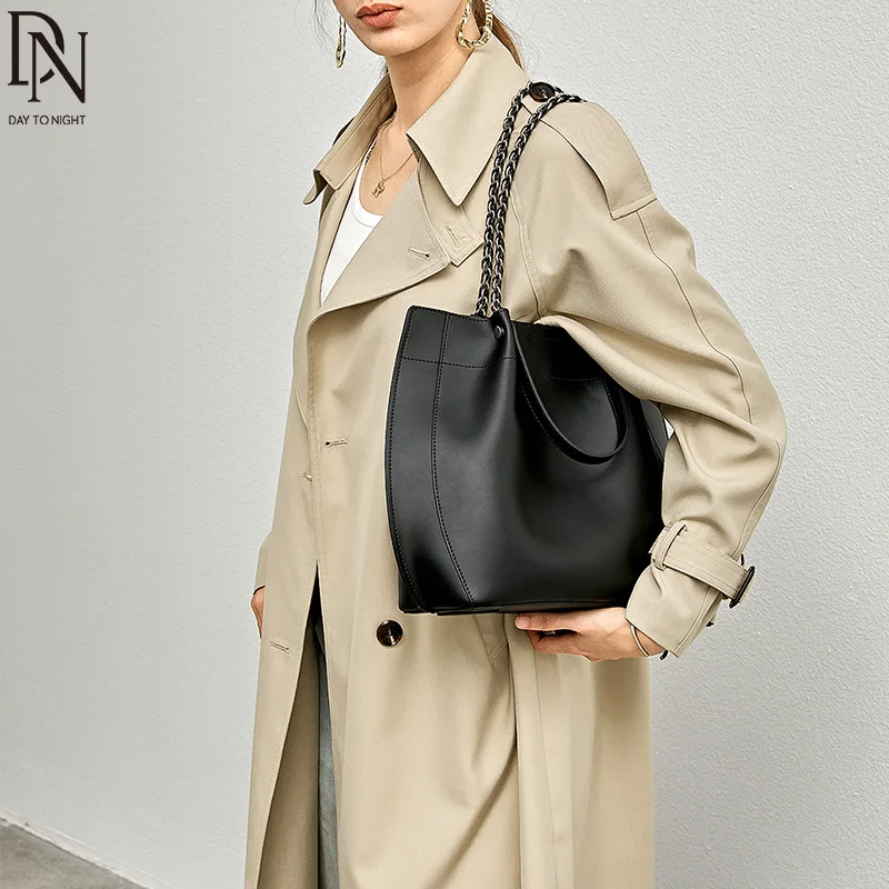 DN Chain Tote Bags Cowhide Leather Women Shoulder Bags with Double Top Handle Large Capacity Handbag Fashion Female Purse