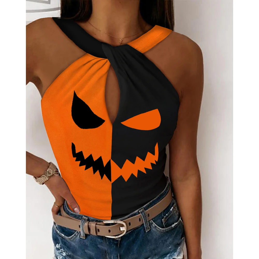 

2023 Women Halloween Graphic Print Colorblock Tank Halter Top Summer Streetwear Casual T-Shirts Hollow Out Lounge Womens Clothes